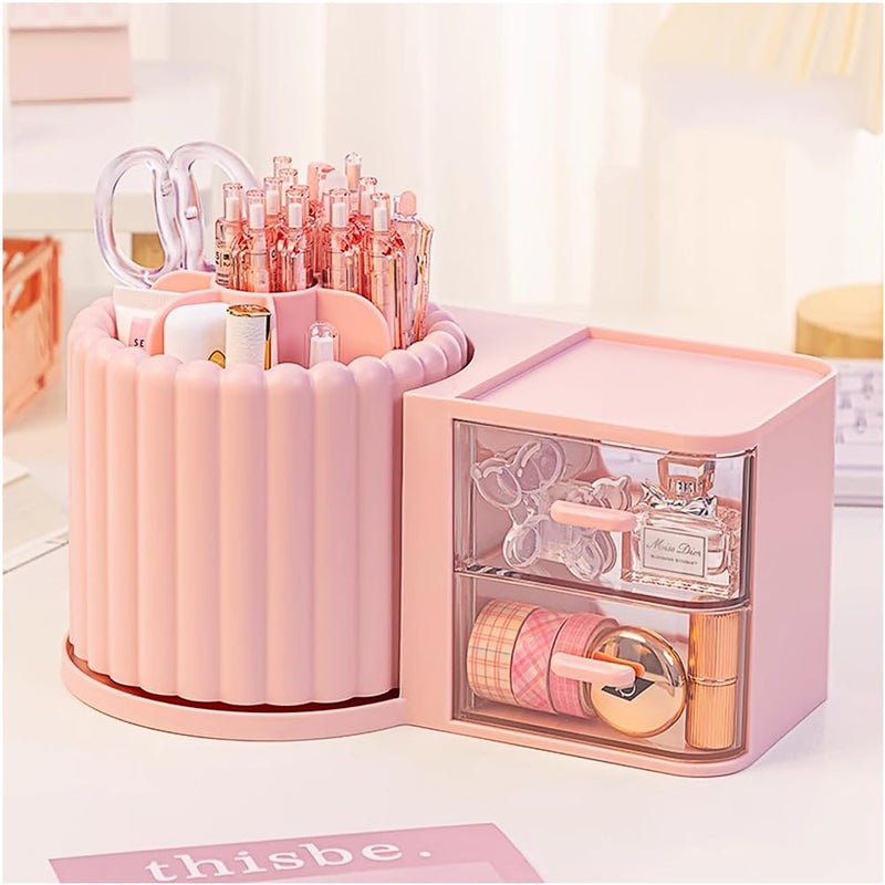 STORICANS Makeup Organizer Countertop,360 Rotating Makeup Brush Holder With 2 Drawers,Small Preppy Organizer |9.25x5.11inch|Pink - Image 1