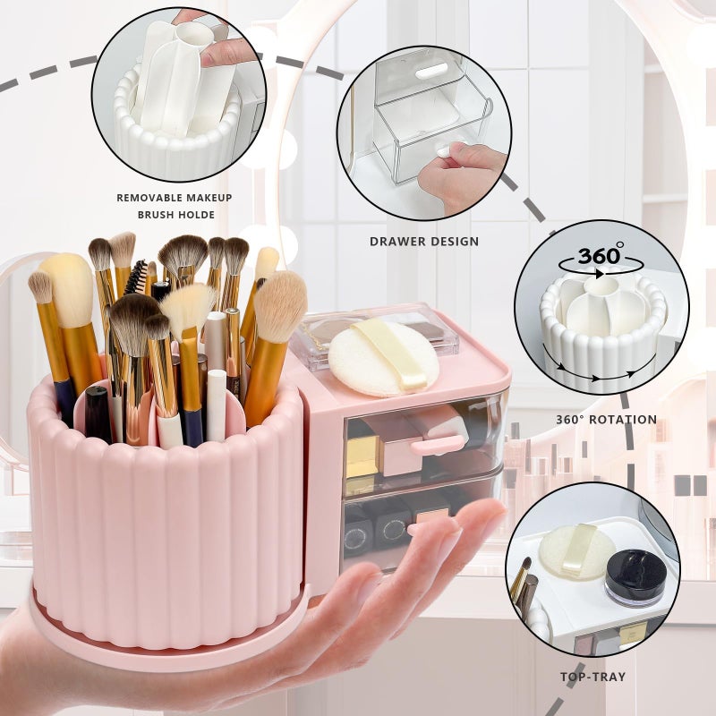 STORICANS Makeup Organizer Countertop,360 Rotating Makeup Brush Holder With 2 Drawers,Small Preppy Organizer |9.25x5.11inch|Pink - Image 3