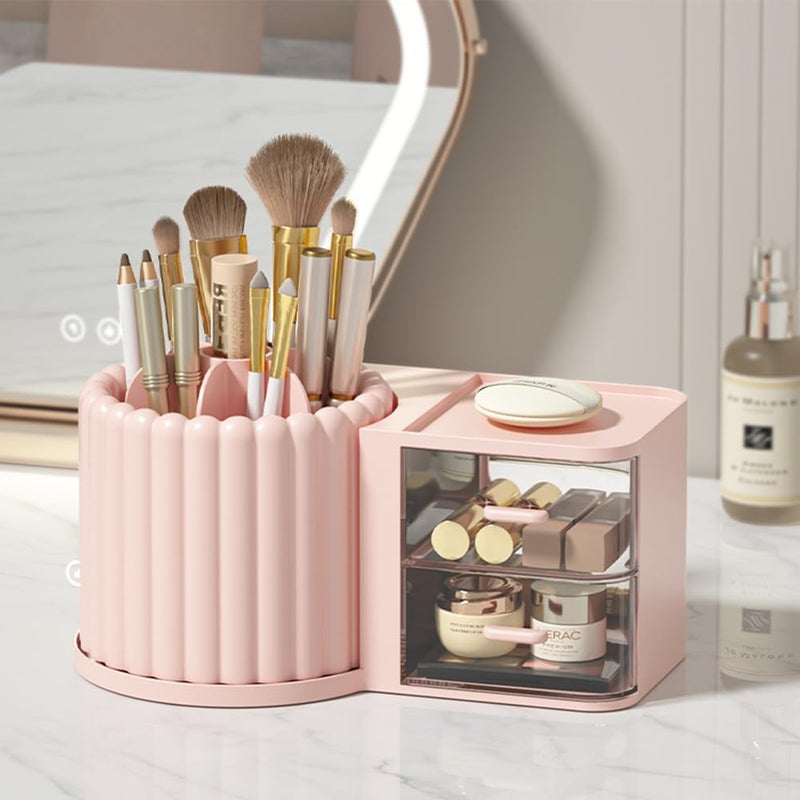 STORICANS Makeup Organizer Countertop,360 Rotating Makeup Brush Holder With 2 Drawers,Small Preppy Organizer |9.25x5.11inch|Pink - Image 5