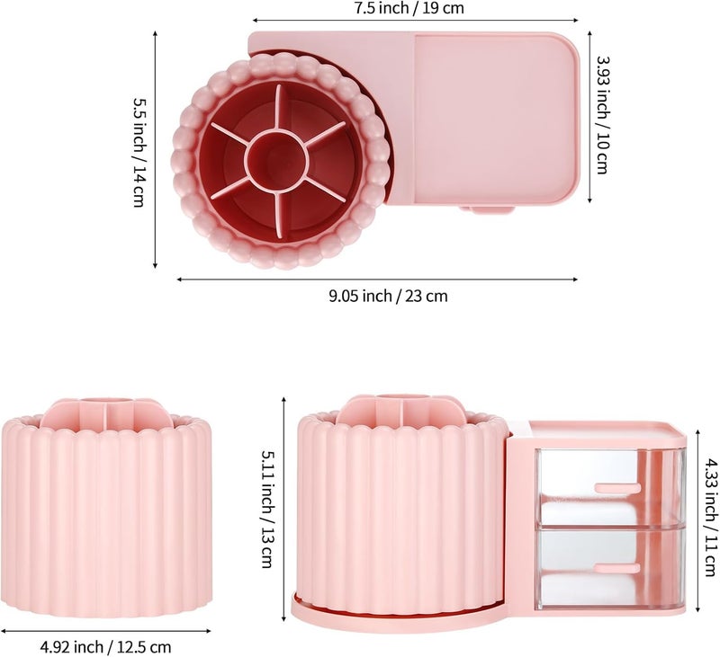 STORICANS Makeup Organizer Countertop,360 Rotating Makeup Brush Holder With 2 Drawers,Small Preppy Organizer |9.25x5.11inch|Pink - Image 4