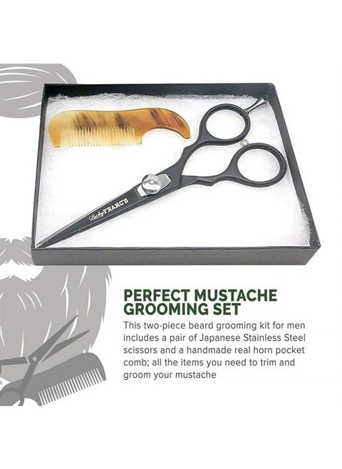 Beard Trimming Kit with Japanese Beard Scissors & Ox Horn Handmade Mini Beard Combs for Men - Mustache Trimmer Kit with Mustache Hair Scissors and Comb for Men - Handmade Beard Care Kit
