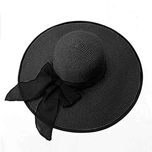 Lanzom Womens 5.7 Inches Big Bowknot Straw Hat Large Floppy Foldable Roll up Beach Cap Sun Hat UPF 50+ Fit Size 6 8/7-7 1/4(Black) - Image 2