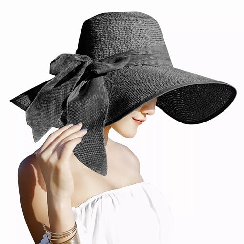 Lanzom Womens 5.7 Inches Big Bowknot Straw Hat Large Floppy Foldable Roll up Beach Cap Sun Hat UPF 50+ Fit Size 6 8/7-7 1/4(Black) - Image 1