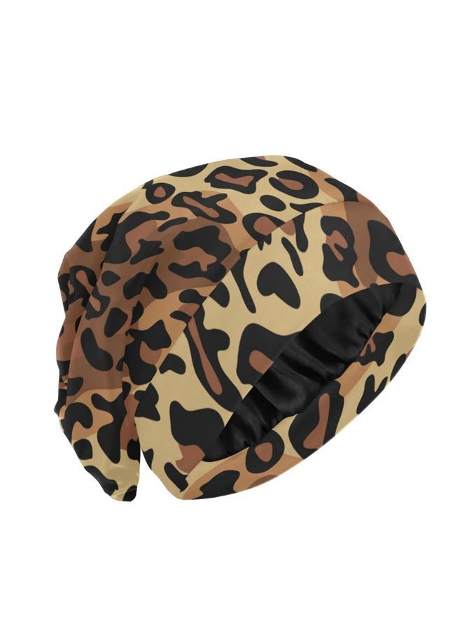 ElliTarr Beanie Hat Satin Bonnet Lined Sleep Cap Hair Wrap Cover Slouchy Beanie for Curly Hair Protection for Gifts for Men Women Brown Leopard Print, Brown Leopard Print, One size - Image 1