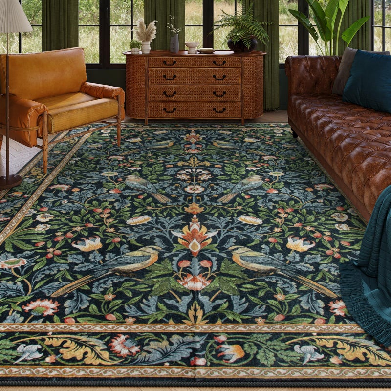 Beeiva Vintage Bird Washable Rugs for Living Room 5x7, Botanical Non Slip Stain Resistant Dining Room Rugs for Under Table, Floral Soft Carpet for Bedroom Dorm Classroom Decor (Dark Green/Navy Blue) - Image 2
