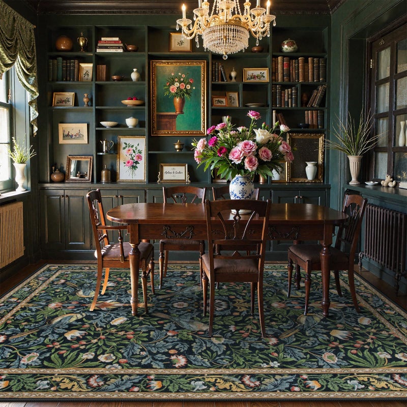 Beeiva Vintage Bird Washable Rugs for Living Room 5x7, Botanical Non Slip Stain Resistant Dining Room Rugs for Under Table, Floral Soft Carpet for Bedroom Dorm Classroom Decor (Dark Green/Navy Blue) - Image 3