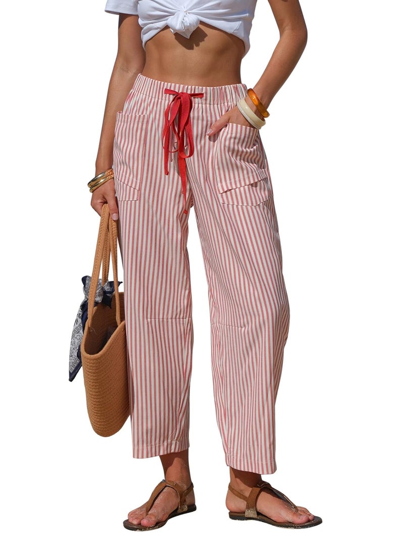 EXLURA Womens Faux Linen Striped Barrel Pants Comfy Drawstring Capri Pant with Pockets Summer Beach Vacation Lounge Trousers Red - Image 1