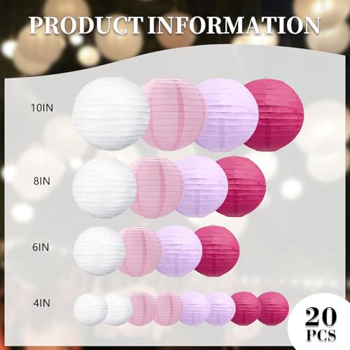 Zankubom 20Pcs Light Purple Rose Red Pink White Paper Lanterns for Parties 6 8 10 12 Chinese Asian Hanging Round Paper Lanterns for Birthday Wedding Halloween Christmas Home Decor Party Decor - Image 3
