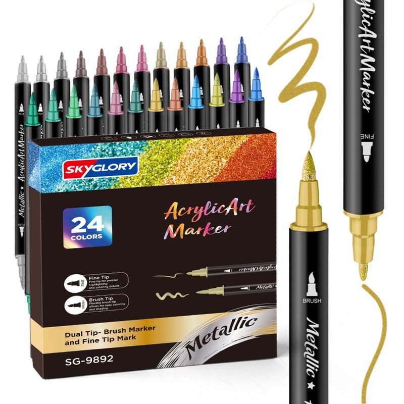 SKYGLORY 24 Color Dual Tip Metallic Acrylic Paint Pens, Non-Toxic Craft Supplies-Fine & Brush Tips for Multi-Surface Art - Image 1