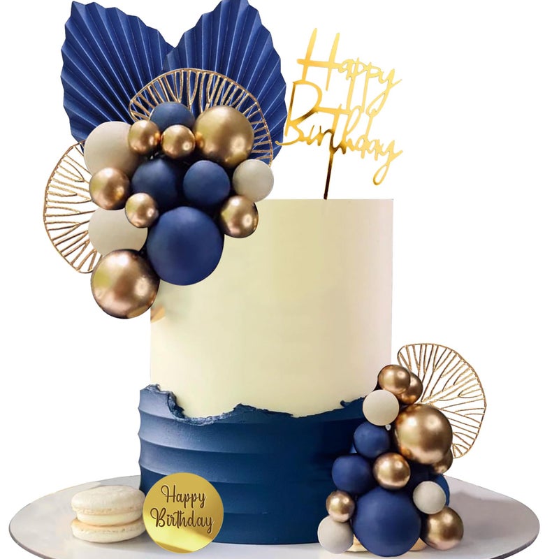 LEFUBABY Blue White Gold Balls Cake Toppers Balls Birthday Cake Decorations for Birthday Boho Wedding Baby Shower Party Decoration Blue White Gold - Image 2