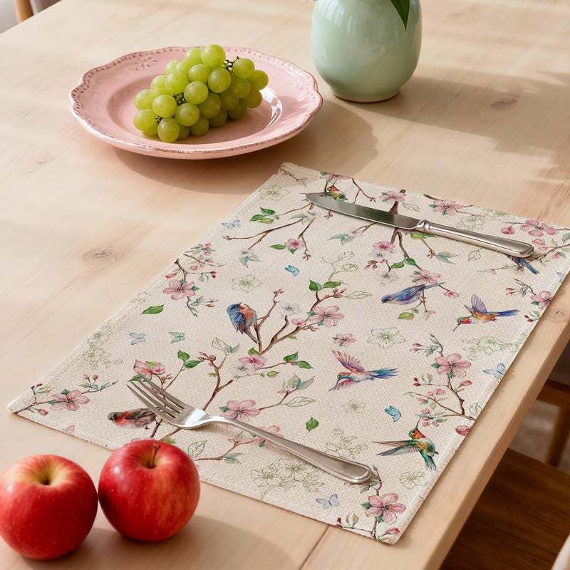 Cusugbaso Spring Placemats Set of 4 12x18 inch for Dinning Table - Floral Bird Branch Spring Decor for Party, Dinner - Farmhouse Seaosonal Table Mats Floral Decroations for Home - Image 2