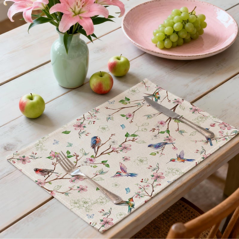 Cusugbaso Spring Placemats Set of 4 12x18 inch for Dinning Table - Floral Bird Branch Spring Decor for Party, Dinner - Farmhouse Seaosonal Table Mats Floral Decroations for Home - Image 3