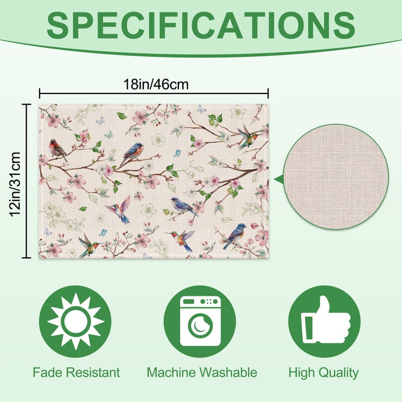 Cusugbaso Spring Placemats Set of 4 12x18 inch for Dinning Table - Floral Bird Branch Spring Decor for Party, Dinner - Farmhouse Seaosonal Table Mats Floral Decroations for Home - Image 5