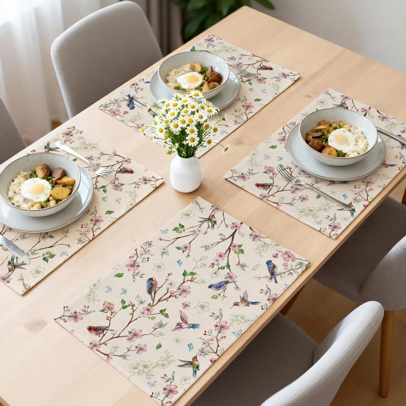 Cusugbaso Spring Placemats Set of 4 12x18 inch for Dinning Table - Floral Bird Branch Spring Decor for Party, Dinner - Farmhouse Seaosonal Table Mats Floral Decroations for Home - Image 4