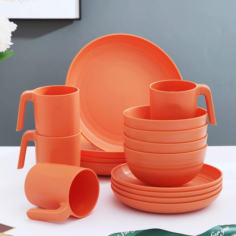 Kyraton Plastic Dinnerware Set of 16 Pieces, Unbreakable And Reusable Light Weight Plates Mugs Bowls Dishes Easy to Carry And Clean Microwave Safe BPA Free Dishwasher Safe Service For 4 (Orange) - Image 2