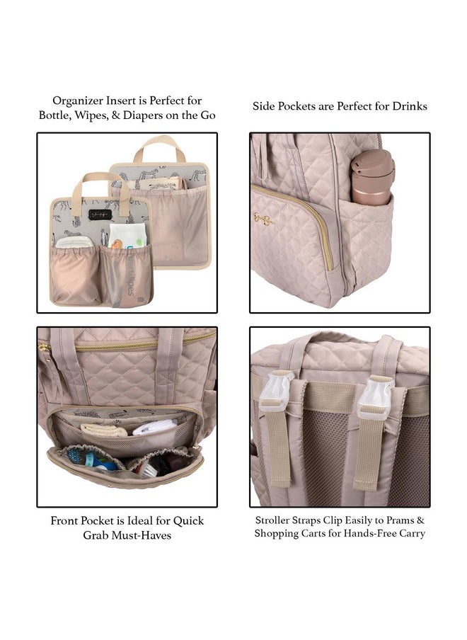 Jessica Simpson Jessica Simpson Quilted Diaper Bag Backpack with Insulated Pockets, Portable Changing Pad, Stroller Straps, Organizer Insert 3 Pc. Set (Khaki)  - Image 1
