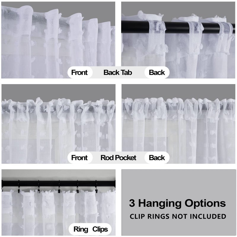 KOUFALL White Sheer Curtains 96 Inches Long for Living Room with Pattern Boho Design Pom Pom Back Tab Ceiling to Floor Length Curtain for Large Bay Window 8 FT - Image 3