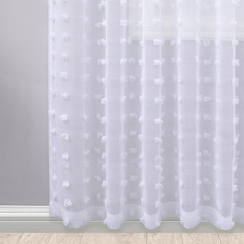 KOUFALL White Sheer Curtains 96 Inches Long for Living Room with Pattern Boho Design Pom Pom Back Tab Ceiling to Floor Length Curtain for Large Bay Window 8 FT - Image 5