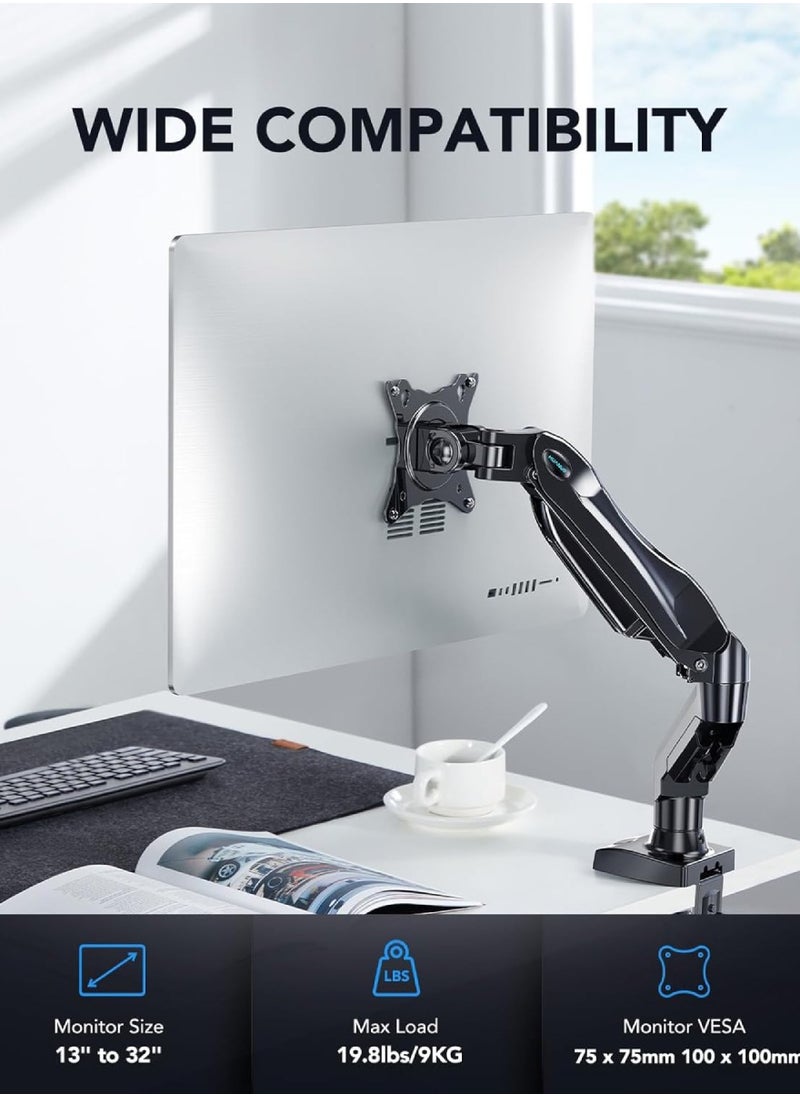 HUANUO - Ergonomic Monitor Stand VESA Mount Single Monitor Mount, 13 To 32 Inch Gas Monitor Arm, Adjustable Stand, Vesa Mount With Clamp And Grommet Base Fits 4.4 To 19.8lbs LCD Computer Monitors HNSS6 - Image 1