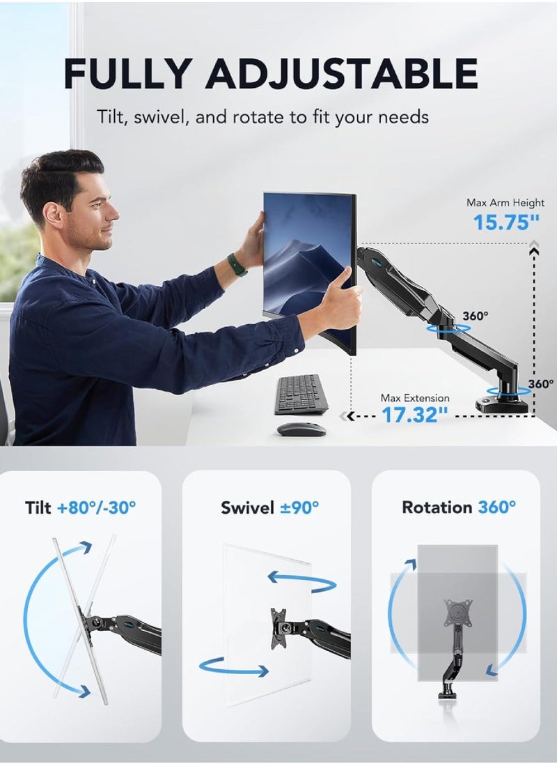 HUANUO - Ergonomic Monitor Stand VESA Mount Single Monitor Mount, 13 To 32 Inch Gas Monitor Arm, Adjustable Stand, Vesa Mount With Clamp And Grommet Base Fits 4.4 To 19.8lbs LCD Computer Monitors HNSS6 - Image 1