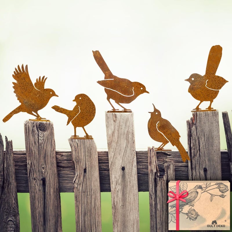 OULYDEKO 5PCS Rusty Birds DecorationOutdoor Bird Wall DecorMetal Birds Yard Decor Metal Birds Craft Statue Ornaments Garden Sculptures and Yard Art Fence Decorations OutdoorRustic Garden Decor