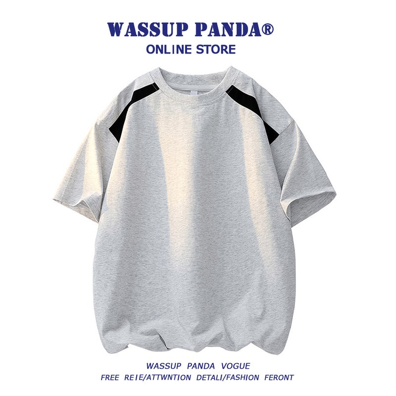 WASSUP PANDA contrasting color shoulder-sleeved short-sleeved T-shirt for men's loose and versatile casual half-sleeved T-shirt for summer - Image 1