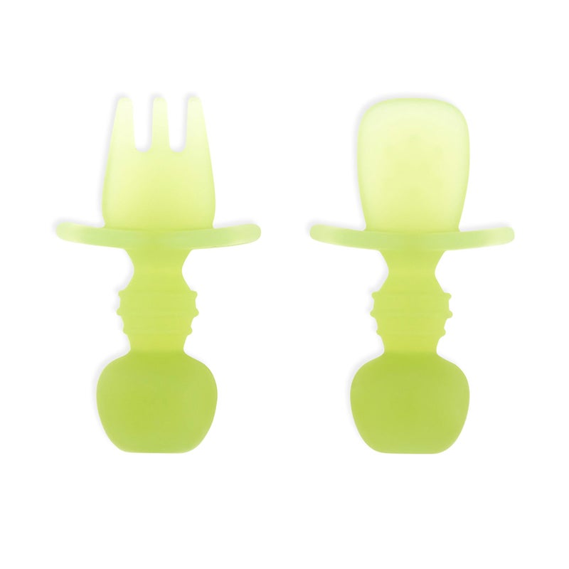 Bumkins Baby Utensils Set, Chewtensils Silicone Spoons for Dipping, Self-Feeding, Baby Led Weaning, Trainer Learning, First Stage Eating, Soft Practice Fork and Spoon, Babies 6 Months, Green Jelly - Image 1