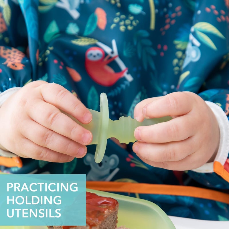 Bumkins Baby Utensils Set, Chewtensils Silicone Spoons for Dipping, Self-Feeding, Baby Led Weaning, Trainer Learning, First Stage Eating, Soft Practice Fork and Spoon, Babies 6 Months, Green Jelly - Image 3