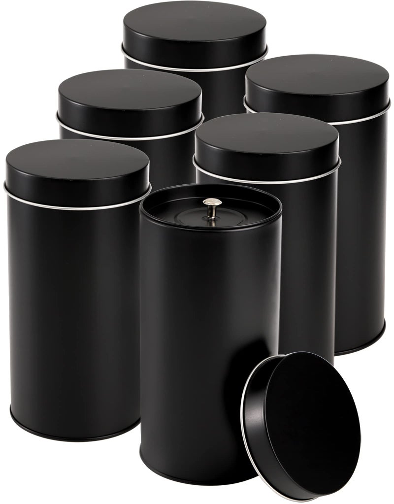 Yesland 6 Pack Tea Tin Canister with Airtight Double Lids 32 Fl Oz Tin Can Box and Large Round Kitchen Canisters for Loose Tea Coffee Candy Herbs and SpicesBlack