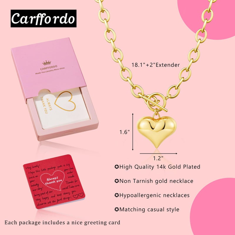 Carffordo Gold Heart Necklace for Women â€“ Chunky 14K Gold Plated Heart Pendant Necklace with Toggle Clasp, Waterproof Hypoallergenic Trendy Dainty Non Tarnish Love Jewelry Gift - Image 4
