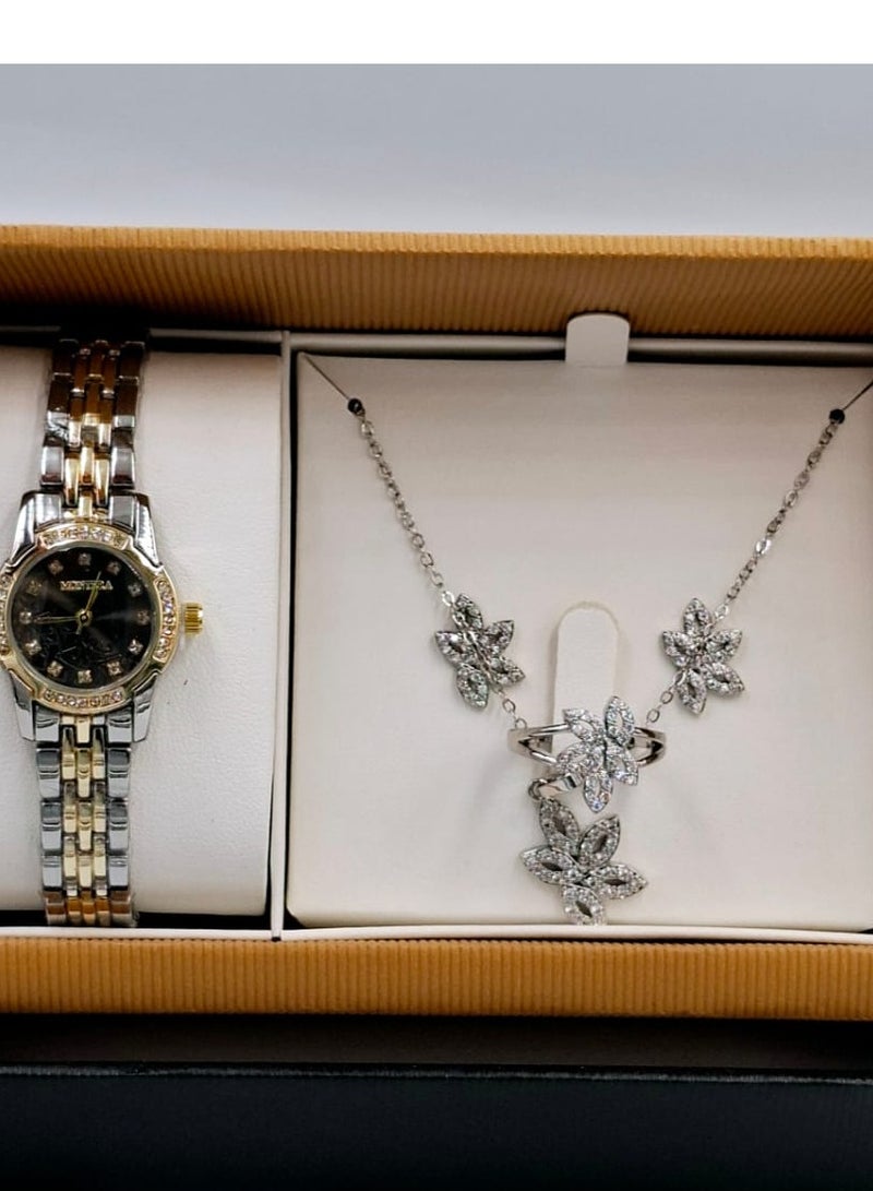 مونتيرا طقم ساعة يد بعقارب وطقم مكون من السلسال والحلق والخاتم للنساء