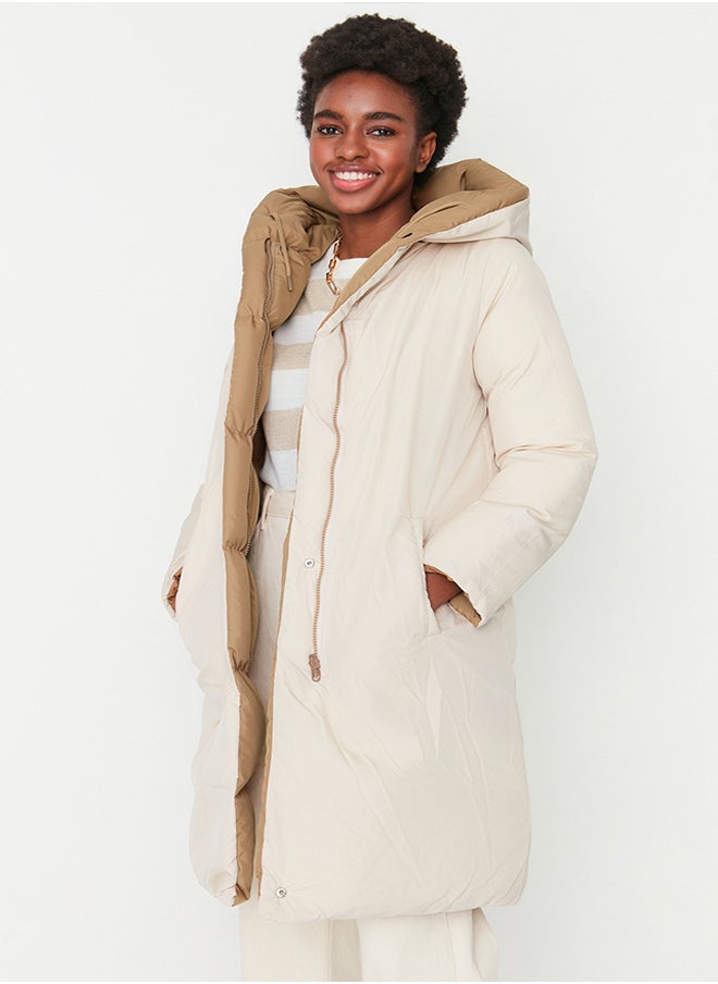 trendyol - Brown-Ecru Double Sided Hooded Water Repellent Long Puffer Jacket TWOAW23MO00052 - Image 1