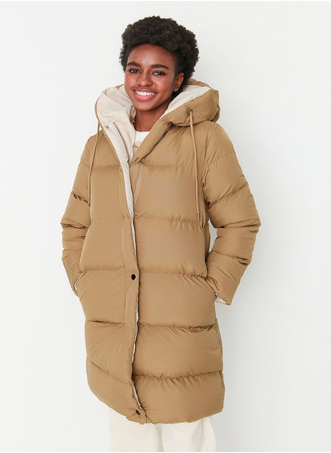 trendyol - Brown-Ecru Double Sided Hooded Water Repellent Long Puffer Jacket TWOAW23MO00052 - Image 1