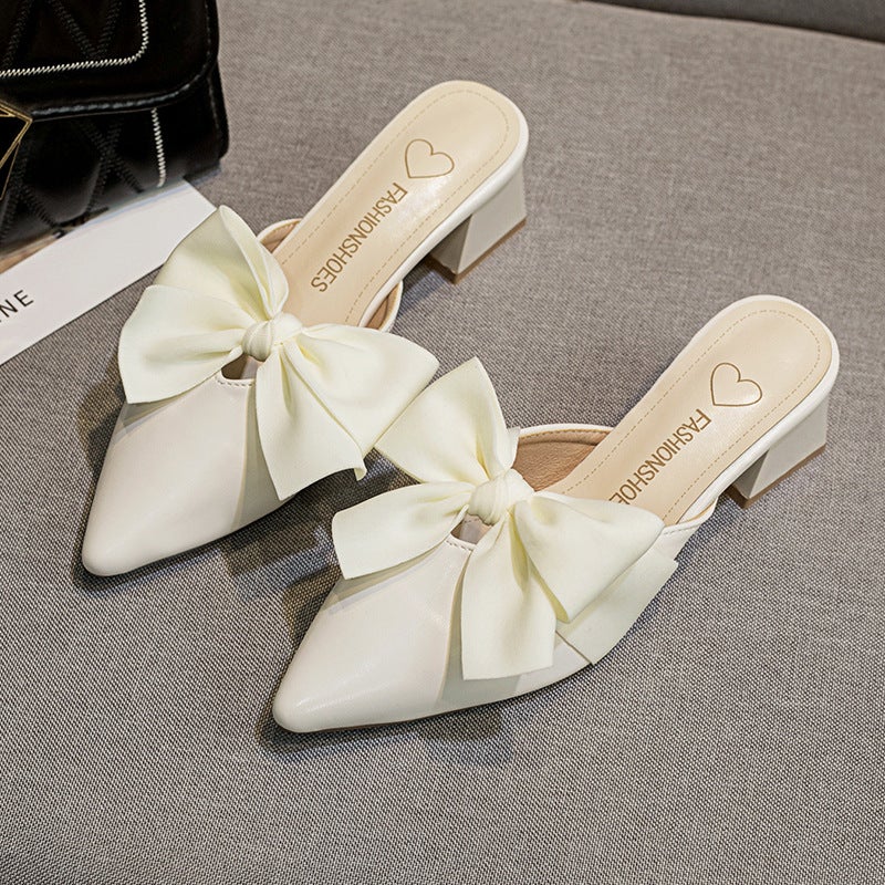 Pointed Toe Elegant Soft Leather Soft Sole Women'S Shoes Style Closed-Toe Bowknot Chunky Heel Trendy Versatile Mules - Image 5