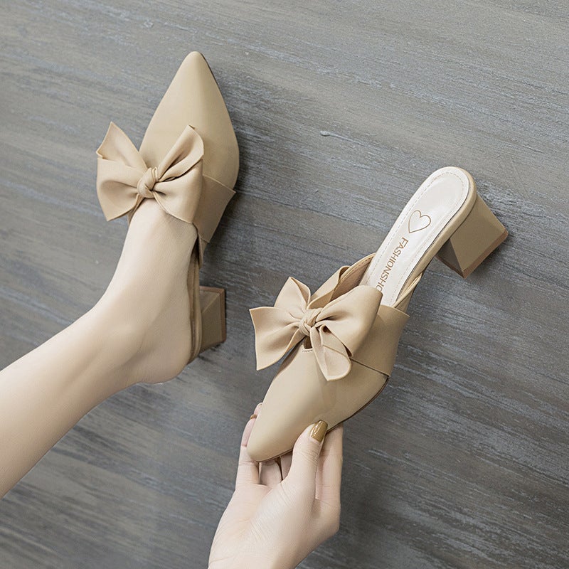 Pointed Toe Elegant Soft Leather Soft Sole Women'S Shoes Style Closed-Toe Bowknot Chunky Heel Trendy Versatile Mules - Image 2