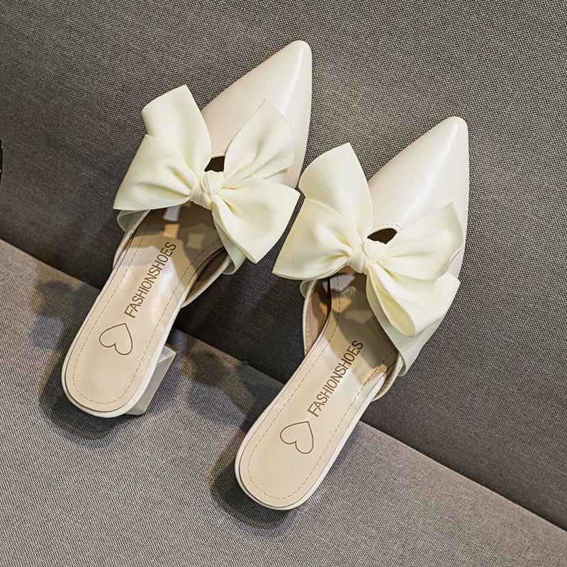 Pointed Toe Elegant Soft Leather Soft Sole Women'S Shoes Style Closed-Toe Bowknot Chunky Heel Trendy Versatile Mules - Image 1
