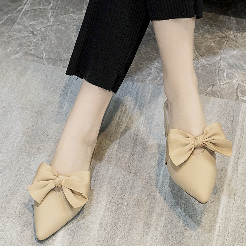 Pointed Toe Elegant Soft Leather Soft Sole Women'S Shoes Style Closed-Toe Bowknot Chunky Heel Trendy Versatile Mules - Image 4