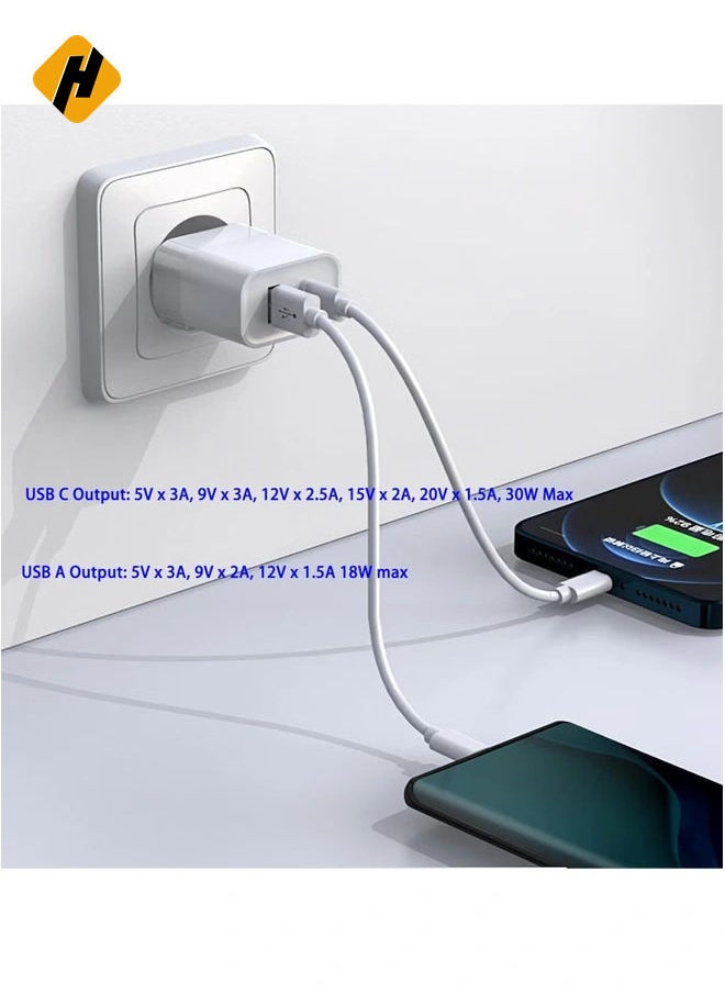 HuHa - "Dual Ports Fast Wall Charger – GaN 30W PD USB-C for iPhone, iPad Pro, MacBook Air, Samsung Laptop, S21, and More, with 18W USB Port for Additional Device – White" - Image 1