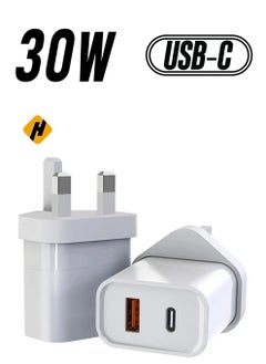 "Dual Ports Fast Wall Charger – GaN 30W PD USB-C for iPhone, iPad Pro, MacBook Air, Samsung Laptop, S21, and More, with 18W USB Port for Additional Device – White"