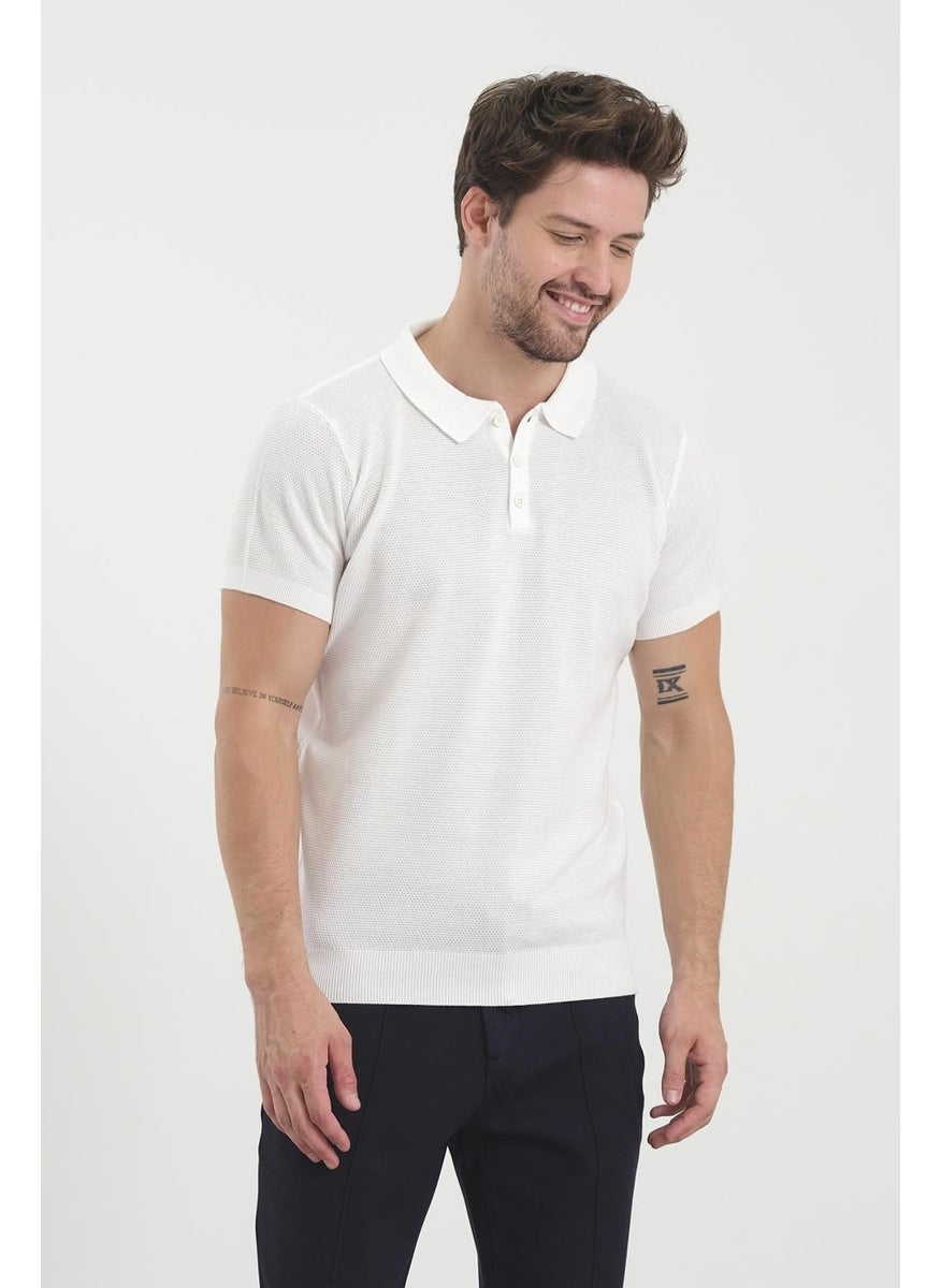 Odelon - Men's Polo Neck Jacquard Knitwear T-Shirt White - Image 1