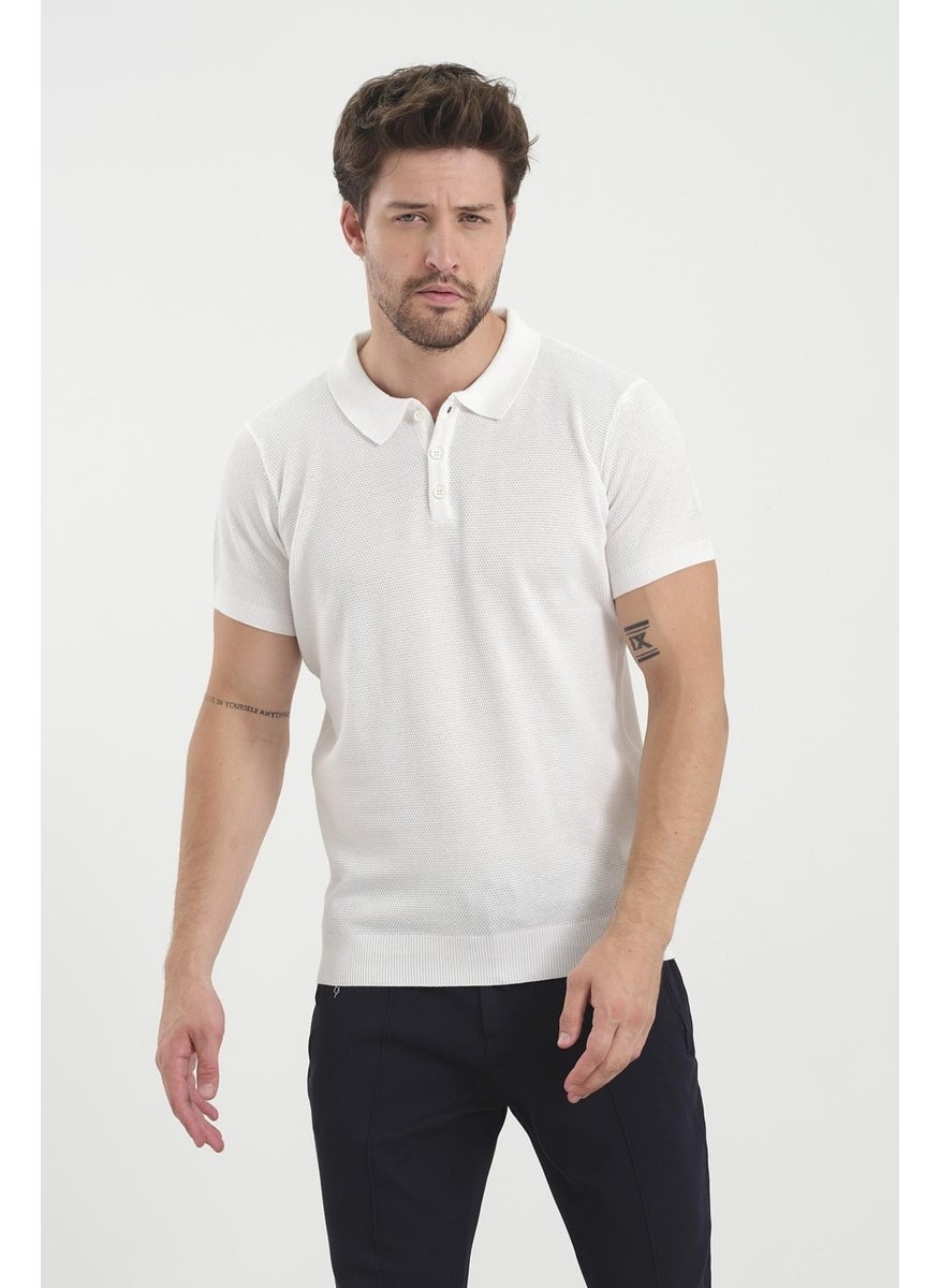 Odelon - Men's Polo Neck Jacquard Knitwear T-Shirt White - Image 1