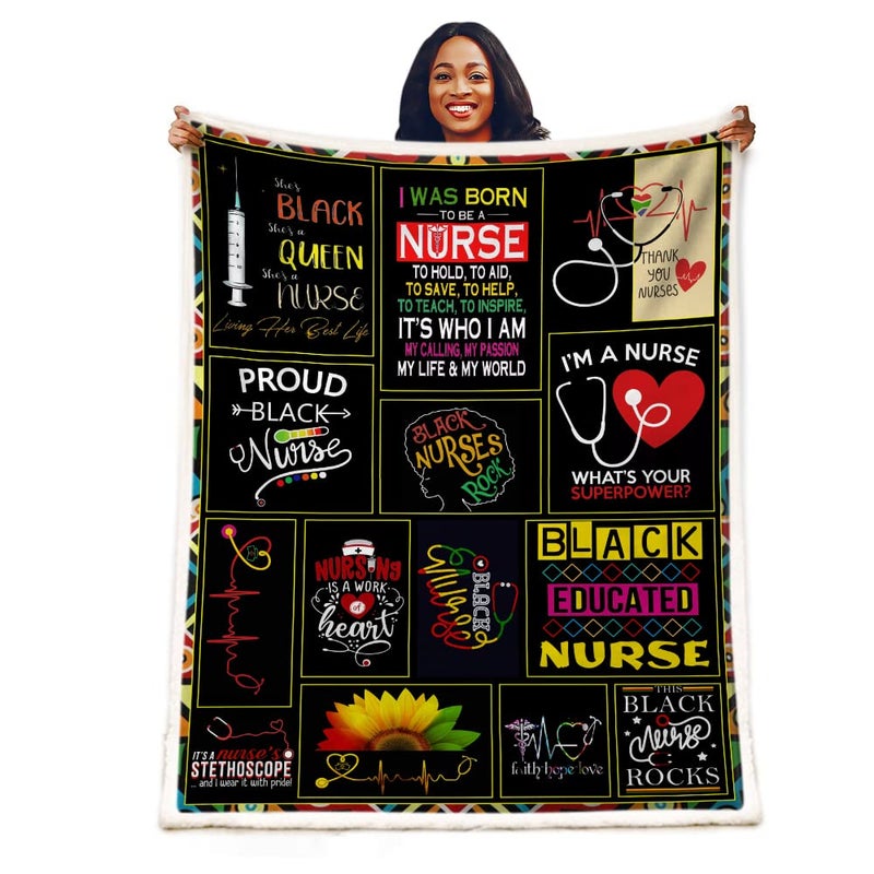 Belperan Nurse Gifts Nurse Throw Blanket RN Gifts for Black Nurses Nurse Gifts for Women School Nurse Gifts Soft Fluffy Sherpa Warm Throw Blankets for Bed  Office and Couch (A 60""x80"") - Image 1