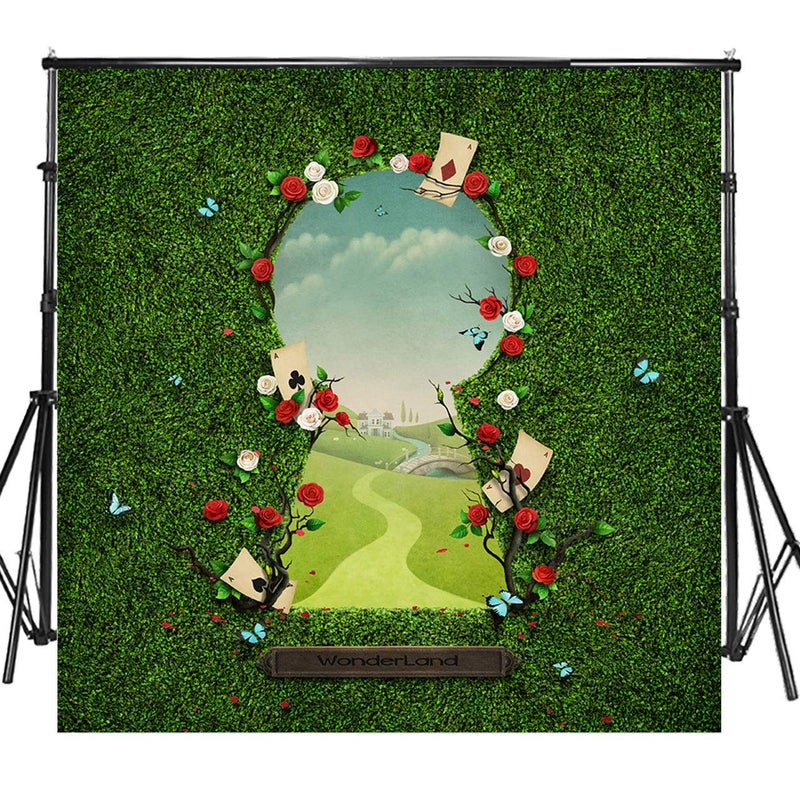 Sensfun 8x8ft Vinyl Wonderland Photo Backdrops for Baby Shower Birthday Newborn Cake Table Banner Fantasy Fairy Tale Green Grass Gate to Wonderland Photography Background Photo Studio PropsSXY1326