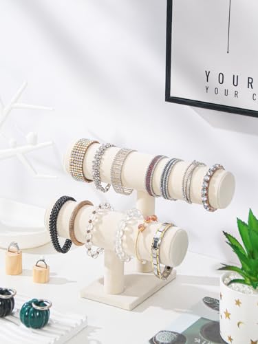 Coward 2 Tier Bracelet Holder Jewelry Display Stand Necklace Bangle Bracelet Watch Organizer Storage Rack Jewelry Show Tower for Women Beige Velvet - Image 3