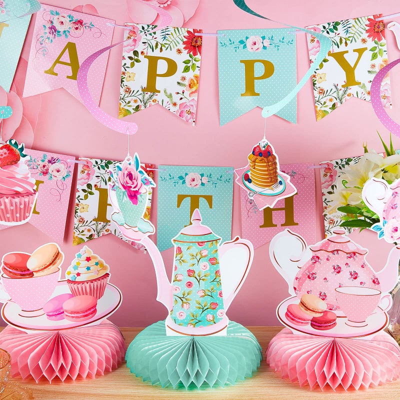 Zonon Floral Tea Party Birthday Decorations - Tea for Two Party Supplies for Little Girls  Spring Summer Flower Hanging Garland & Centerpiece for Baby Shower  Afternoon Theme Celebrations - Image 4