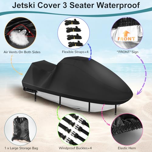 GRABADO Jetski Covers,Upgraded 420D Waverunner Cover Waterproof,Durable Jet Ski Cover 3 Seater with 2 Air Vents，4 Windproof Buckles，Easy On，All Weather Universal Cover for Seadoo Spark(Black, XL:115"-120") - Image 4