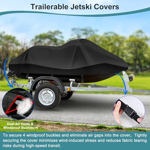 GRABADO Jetski Covers,Upgraded 420D Waverunner Cover Waterproof,Durable Jet Ski Cover 3 Seater with 2 Air Vents，4 Windproof Buckles，Easy On，All Weather Universal Cover for Seadoo Spark(Black, XL:115"-120") - Image 2