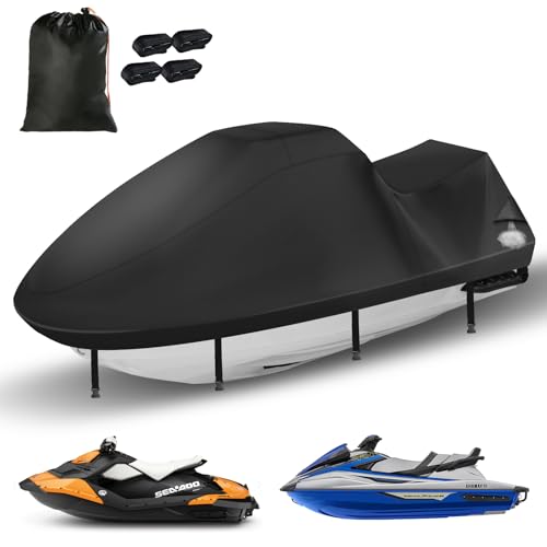 GRABADO Jetski Covers,Upgraded 420D Waverunner Cover Waterproof,Durable Jet Ski Cover 3 Seater with 2 Air Vents，4 Windproof Buckles，Easy On，All Weather Universal Cover for Seadoo Spark(Black, XL:115"-120") - Image 1