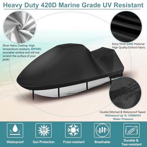 GRABADO Jetski Covers,Upgraded 420D Waverunner Cover Waterproof,Durable Jet Ski Cover 3 Seater with 2 Air Vents，4 Windproof Buckles，Easy On，All Weather Universal Cover for Seadoo Spark(Black, XL:115"-120") - Image 3