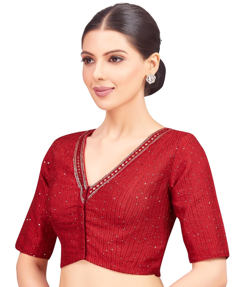 Studio Shringaar Women's Readymade Polyester Elbow Length Sleeves Saree Blouse with Mirror Work (Maroon, 46) - Image 3